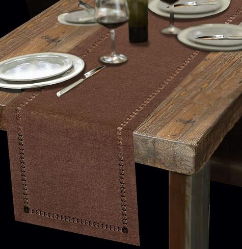 Grelucgo Hemstitch Chocolate Brown Table Runner, Dresser Scarf, Solid Color (14 x 72 Inch) in Saudi Arabia