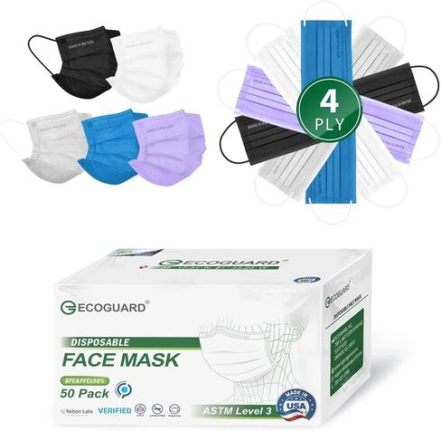 Face Masks Made in USA, 4-Ply ASTM Level 3 Face Mask Disposable for Adults Men Women, Adjustable Nose Wire, Black, Medium Blue, White, Grey, Purple 5 Color 50 Count (Pack of 1) in Saudi Arabia