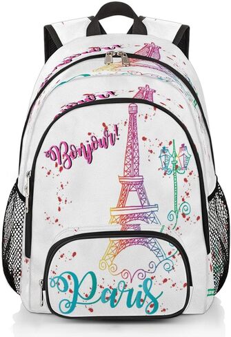 School Backpack for Boys Girls, Bonjour Paris Eiffel Tower Elementary School Bags Colorful Eiffel Tower Lightweight Bookbag Laptop Backpack Casual Daypack Rucksack for Kids Teens in Saudi Arabia