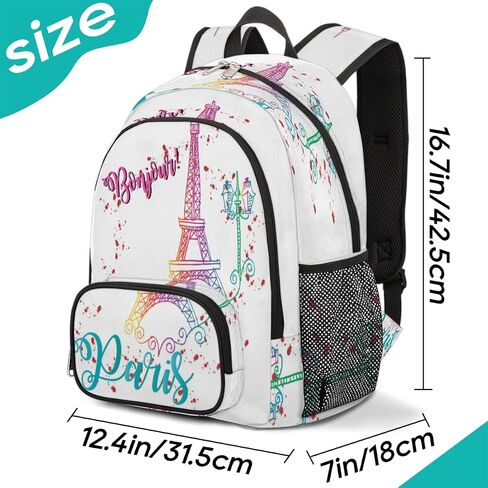 School Backpack for Boys Girls, Bonjour Paris Eiffel Tower Elementary School Bags Colorful Eiffel Tower Lightweight Bookbag Laptop Backpack Casual Daypack Rucksack for Kids Teens in Saudi Arabia
