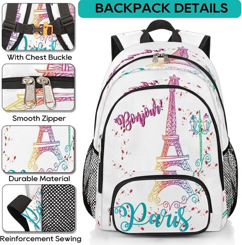 School Backpack for Boys Girls, Bonjour Paris Eiffel Tower Elementary School Bags Colorful Eiffel Tower Lightweight Bookbag Laptop Backpack Casual Daypack Rucksack for Kids Teens in Saudi Arabia
