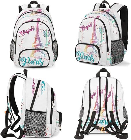 School Backpack for Boys Girls, Bonjour Paris Eiffel Tower Elementary School Bags Colorful Eiffel Tower Lightweight Bookbag Laptop Backpack Casual Daypack Rucksack for Kids Teens in Saudi Arabia