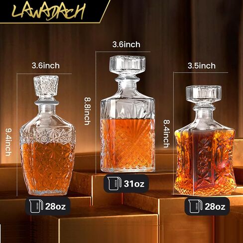 Liquor Decanters Whiskey Decanter Set of 3 Glass Alcohol Bottle for Tequila, Brandy and Vodka Unique Liquor Bar and Party Decorations (28oz*2, 31oz*1) in Saudi Arabia