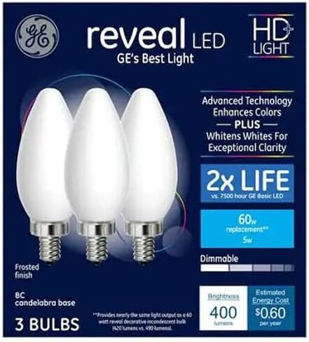 GE Reveal LED HD Light 60 watt Replacement, BC, Candelabra Base, Frosted Finish, dimmable LED (3 Bulbs) in Saudi Arabia