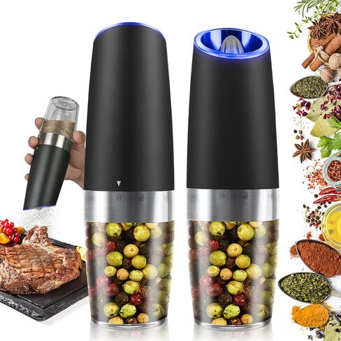 Gravity Electric Salt and Pepper Grinder Set, 2 Pack Automatic Salt and Pepper Grinder Set With LED Light & Adjustable Coarseness, One Hand Operation Mill Grinder Battery-Operated, Gift Idea, Black in Saudi Arabia