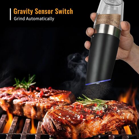 Gravity Electric Salt and Pepper Grinder Set, 2 Pack Automatic Salt and Pepper Grinder Set With LED Light & Adjustable Coarseness, One Hand Operation Mill Grinder Battery-Operated, Gift Idea, Black in Saudi Arabia