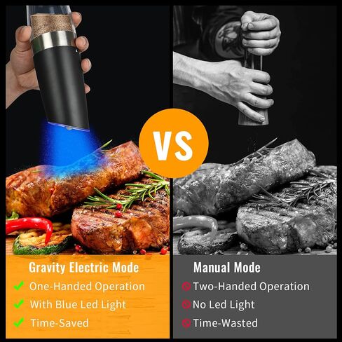 Gravity Electric Salt and Pepper Grinder Set, 2 Pack Automatic Salt and Pepper Grinder Set With LED Light & Adjustable Coarseness, One Hand Operation Mill Grinder Battery-Operated, Gift Idea, Black in Saudi Arabia