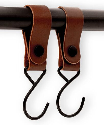Brute Strength - Leather Straps with Hooks - Cognac - 2X - Full Grain Leather - Mommy Hook - Stroller Clip - Bag Hook - Leather Hooks - Leather s Hooks - Black s Hooks - Similar to S-Hooks in Saudi Arabia