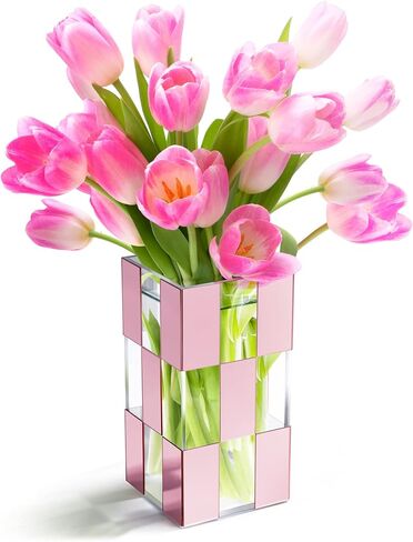 Acrylic Flower Vase, Clear & Blush Pink Mirror Checkered Design Large Vase, Great Vases for Room Décor, Home Décor, Wedding, Table Centerpieces & Home Decorations for Living Room | 9.4’’ Tall in Saudi Arabia