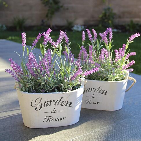 Butterfly Craze Artificial Lavender Plants in Rustic Wooden Planters - Lifelike, Stunning Faux Silk Purple Flowers Perfect for Elevating Your Patio, Home Décor, or Office (Set of Two), White Pots in Saudi Arabia