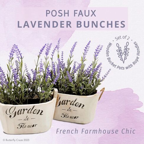 Butterfly Craze Artificial Lavender Plants in Rustic Wooden Planters - Lifelike, Stunning Faux Silk Purple Flowers Perfect for Elevating Your Patio, Home Décor, or Office (Set of Two), White Pots in Saudi Arabia