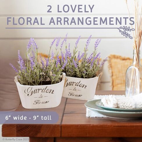 Butterfly Craze Artificial Lavender Plants in Rustic Wooden Planters - Lifelike, Stunning Faux Silk Purple Flowers Perfect for Elevating Your Patio, Home Décor, or Office (Set of Two), White Pots in Saudi Arabia