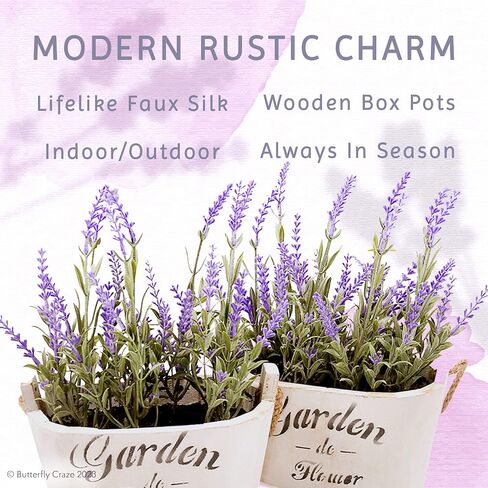Butterfly Craze Artificial Lavender Plants in Rustic Wooden Planters - Lifelike, Stunning Faux Silk Purple Flowers Perfect for Elevating Your Patio, Home Décor, or Office (Set of Two), White Pots in Saudi Arabia
