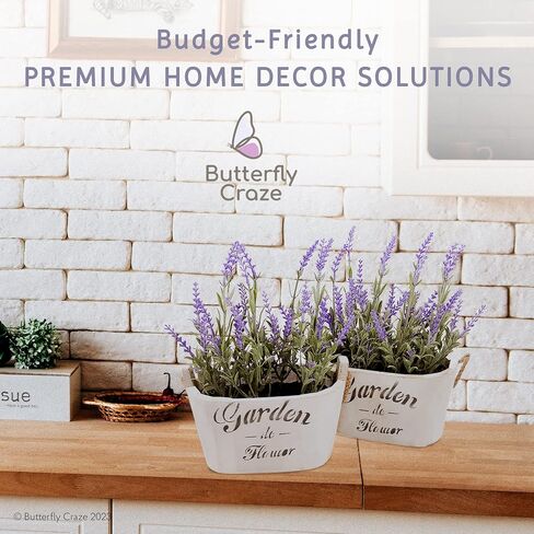Butterfly Craze Artificial Lavender Plants in Rustic Wooden Planters - Lifelike, Stunning Faux Silk Purple Flowers Perfect for Elevating Your Patio, Home Décor, or Office (Set of Two), White Pots in Saudi Arabia