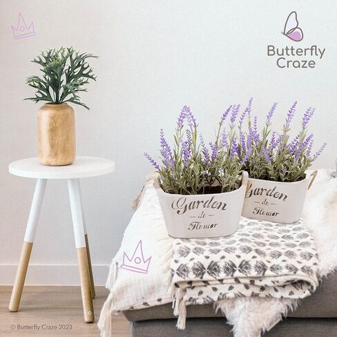 Butterfly Craze Artificial Lavender Plants in Rustic Wooden Planters - Lifelike, Stunning Faux Silk Purple Flowers Perfect for Elevating Your Patio, Home Décor, or Office (Set of Two), White Pots in Saudi Arabia