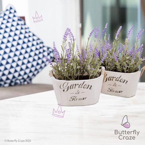 Butterfly Craze Artificial Lavender Plants in Rustic Wooden Planters - Lifelike, Stunning Faux Silk Purple Flowers Perfect for Elevating Your Patio, Home Décor, or Office (Set of Two), White Pots in Saudi Arabia