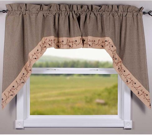 Primitive Home Decors Star Berry Vine Gingham Check Black and Nutmeg 72" Wide x 36" Long Cotton Lined Curtain Swag in Saudi Arabia