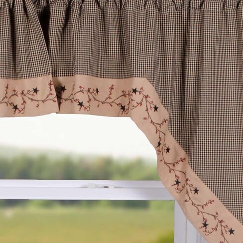 Primitive Home Decors Star Berry Vine Gingham Check Black and Nutmeg 72" Wide x 36" Long Cotton Lined Curtain Swag in Saudi Arabia