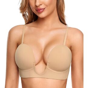 JOATEAY Women's Deep U Plunge Sexy Push Up Underwire Bra Low Cut Convertible Halter Bra Seamless Padded