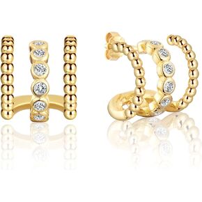 GULICX Gold Earrings for Women Trendy, 925 Sterling Silver Post Triple Hoops Illusion Stud Earrings with Cubic Zirconia, Claw Earrings Cuff for Women Girls