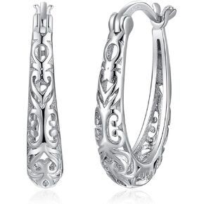 JewelryPalace Vintage Hollow Hoop Earrings for Women, 14k White Yellow Rose Gold Plated 925 Sterling Silver Hoop Huggie Earrings for Her, Fashion Jewelry Gift for Girls