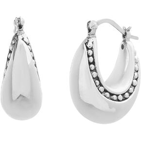 Oxidized Sterling Silver Polished Puffy U Shaped Beaded Rim Hoop Earrings for Women