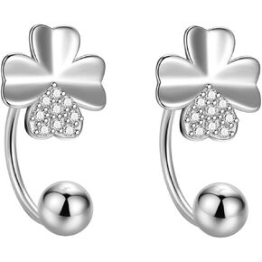 SLUYNZ Sterling Silver Clover Leaf Half Hoop Earrings for Women Teen Girls Leaf Open Hoop Earrings Huggie Cartilage Helix Piercing Earrings Ball Screw Backs
