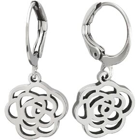 Pair Steel Huggie Hinged Hoop Earrings with Dangling Rose Flower