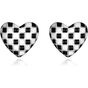 EVER FAITH S925 Black and White Checkerboard Love Heart Earrings, Enamel Jewelry Checkered Flag Racing Stud Earring for Women Girls