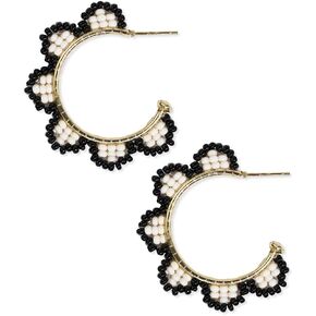 INK +ALLOY Beaded Boho Hoop Earrings, Luna Seed Bead Scalloped Gold Open Hoops, Handmade Jweelry for the Modern Bohemian, 1.5-Inch Length