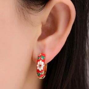 Xerling Vintage Flower Huggie Hoop Earrings Antique Retro Enamel Copper Round Circle Hoop Earrings for Women Girls Gold Statement Loop Earrings (Black)