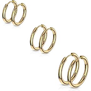 Set of 3 Pairs of 316L Stainless Steel 2.5mm Thick Round Hinged Hoop Earrings