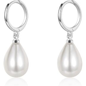 EPIRORA Sterling Silver Simulated Shell Pearl Hoop Earrings Cubic Zirconia Dangle Drop Earrings Jewelry for Women Girls 10mm, Silver/Gold