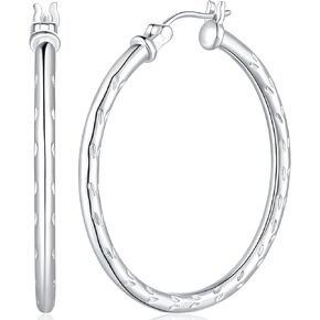 DIVAS MODE Hoop Earrings Sterling Silver Hoop Earrings for Women Large Silver Hoop Earrings Dot-like Engraved Pattern Earrings Silver 35mm*2.5mm