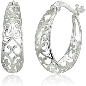 LOVVE Sterling Silver High Polished Filigree Heart Oval Hoop Earrings