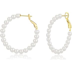 S925 Sterling Silver Pearl Hoop Earrings for Women,55mm Post Big Large Hoops Pearl Earrings Hypoallergenic and Safe for Sensitive Ears