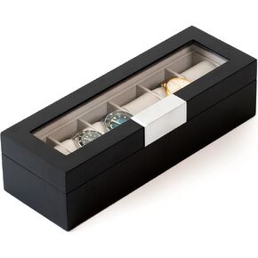 CASE ELEGANCE Modern 6-Slot Wooden Watch Box with Metal Clip, Real Glass Lid - Sleek Black Organizer for Watch Collection | Display Case | Men's Watch Holder with Glass Top | Mens Watch Case