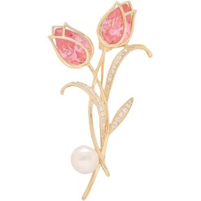 Rhinestone Pink Tulip Brooch Pin for Women Girls Gold Plated Fashion Elegant Botanical Flower Enamel Vintage Brooch Collar Brooch Dress Accessories Valentine's Day Wedding Party Jewelry Gift Souvenir