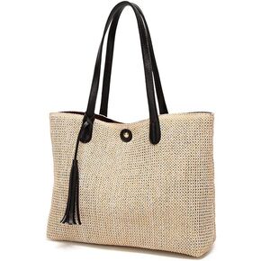 QTKJ Women Straw Summer Beach Bag Handwoven Big Tote Leather Shoulder Handbag with Tassel Decorate