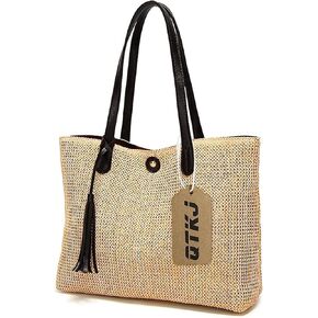 QTKJ Women Straw Summer Beach Bag Handwoven Big Tote Leather Shoulder Handbag with Tassel Decorate