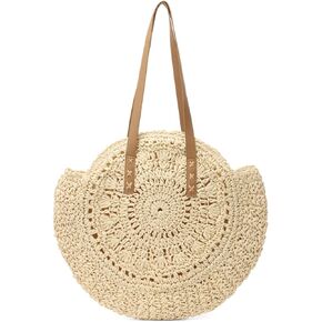 WOG2008 Women Straw Bag Round Handwoven Summer Beach Tote Bag Natural Chic Vacation Shoulder bag