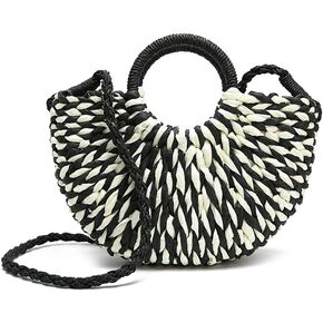 Women Summer Retro Straw Tote Bag Hand-woven Boho Shoulder Bag Crossbody Bag Round Handle Beach Handbags (Black)