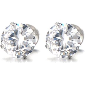 3-8 MM Mens Ladies White Cubic Zirconia Stud Earrings Stainless Steel Screw Back Post, 2pcs