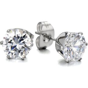 3-9 MM Mens Ladies White Cubic Zirconia Stud Earrings Stainless Steel, 2pcs(8MM)