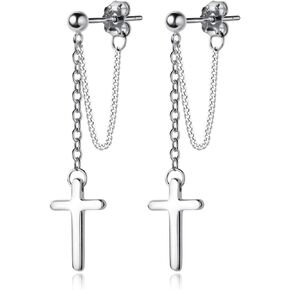 ANDPAI Unique Minimalist Punk 925 Sterling Silver Hypoallergenic Chain Ball Studs Earrings Cross Dangle Drop Earrings for Women Men Girls Jewelry