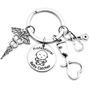Kits Kiss, OBGYN Keychain Obstetrician Gynecologist NICU Nurse Midwife Graduation OB GYN Specialist Gift Stethoscope Doppler Ultrasound Medical Caduceus Charm, Silver, Diameter of Key Ring : 1.2 in