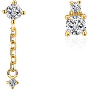 Asymmetrical Stud Earrings | Dangle CZ | Cubic Zirconia Chain | Sterling Silver