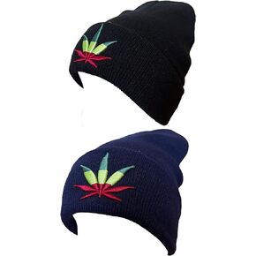 Pack of 2X Embroidery Weed Design Marijuana Leafs Foldable Knit Hats Beanie -One Size