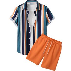 OYOANGLE Men's 2 Piece Outfits Striped Print Short Sleeve Button Down Shirts and Shorts Set