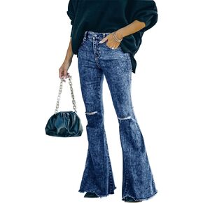 Metietila Women's Flare Bell Bottom Jeans Ripped Raw Hem Flared Legs Stretch Denim Pants